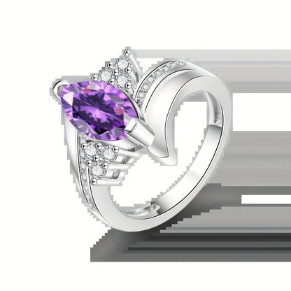 Elegant Bridal Engagement Ring with Horse's Eye Purple Synthetic Gemstone - Luxury Copper Wedding and Anniversary Gift