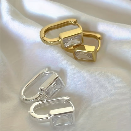 Small square zircon inlaid ring earrings, elegant casual style, suitable for women's daily leisure