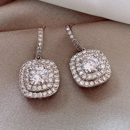 Square zircon pendant earrings, vintage elegance, silver-plated jewelry, wedding banquet accessories.