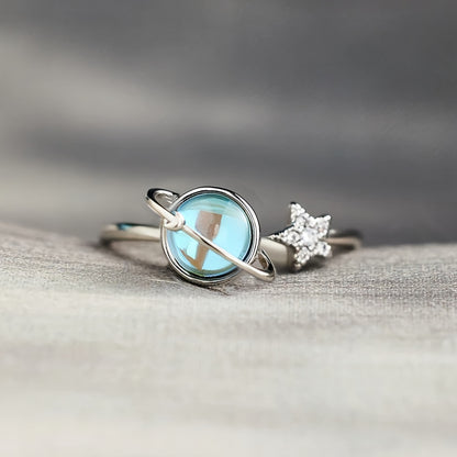 Elegant Adjustable Ring with Blue Synthetic Gemstone - Stylish Earth and Moon Design for Casual Attire or Perfect Gift for Friends/Lovers/Family