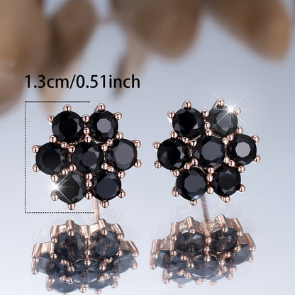 Elegant bohemian black flower-shaped synthetic square crystal diamond stud earrings, copper, women's style with rose gold plating, suitable for weddings, banquets, Valentine's Day - year round jewelry