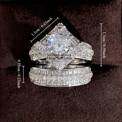 Stylish Silver 4A Zirconia Square Engagement Wedding Ring 2-piece Set