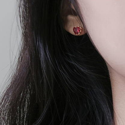Women's Elegant Heart Synthetic Ruby Stud Earrings - Nickel-Free Copper, Ideal for Casual Attire and Parties, Ideal for Valentine's Day Gifts
