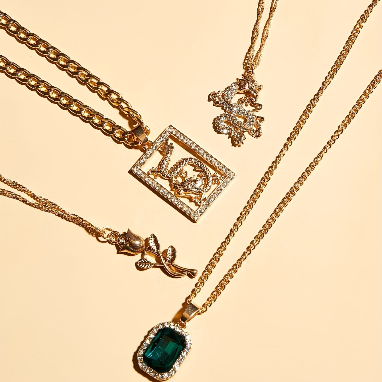 Four-piece creative rhinestone Chinese dragon pendant necklace charm retro ladies daily holiday jewelry