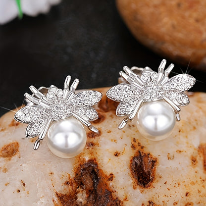 Bee pattern inlaid with shiny zircon imitation pearl stud earrings, elegant and lovely temperament, copper and silver plating material, creative women's gift
