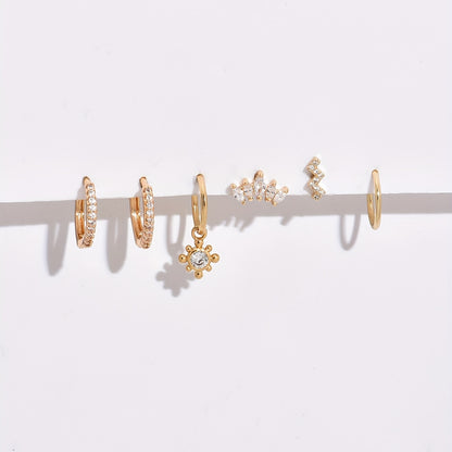 6-Piece Bohemian vintage copper earrings set, synthetic zircon inlay, round and geometric studs and earrings, fashion jewelry for women's daily and party occasions