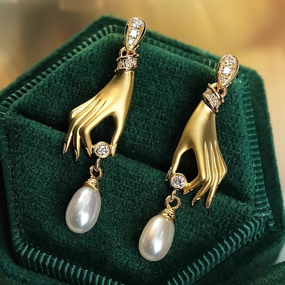 Elegant gold hand earrings with Zirconia and imitation pearl pendants, fashionable Women's jewelry for parties and daily wear - gift box not included