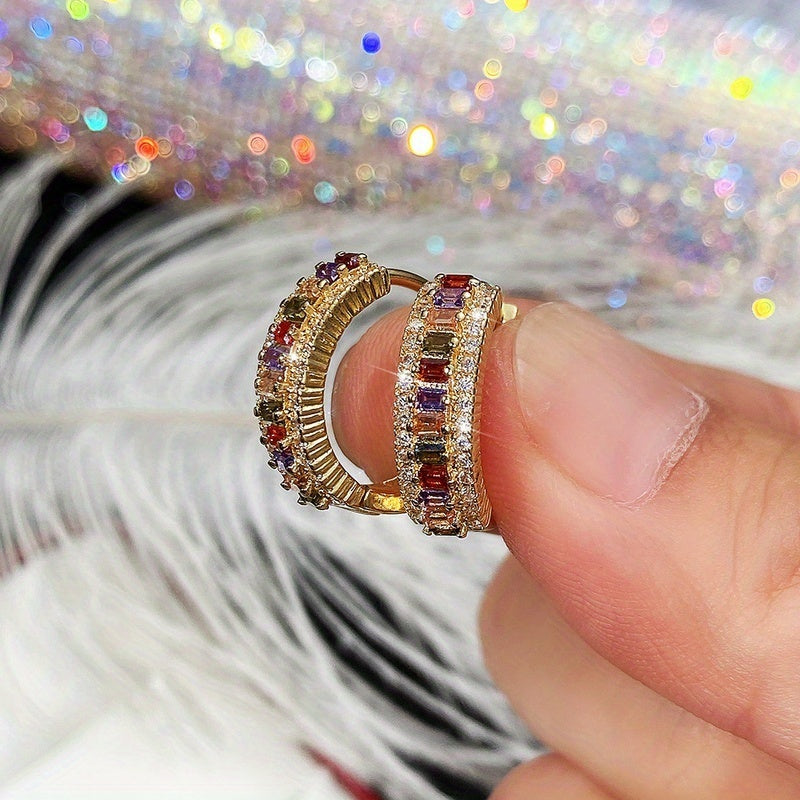 Elegant 18K Gold-plated Ring Earrings with Multi-colored Rectangular Cut Zirconia - Nickel-free Copper, Perfect for Brides and Parties