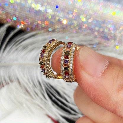 Elegant 18K Gold-plated Ring Earrings with Multi-colored Rectangular Cut Zirconia - Nickel-free Copper, Perfect for Brides and Parties