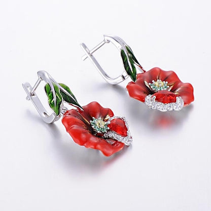 Women's red flower zircon drop earrings, romantic wedding party jewelry