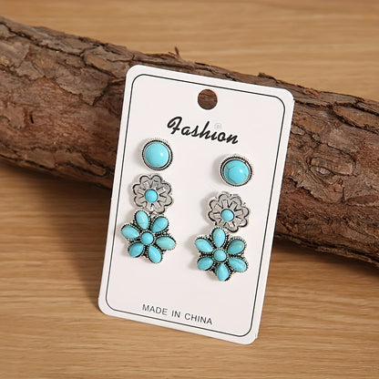Three pairs of Western retro turquoise stud earrings silver plated earrings jewelry