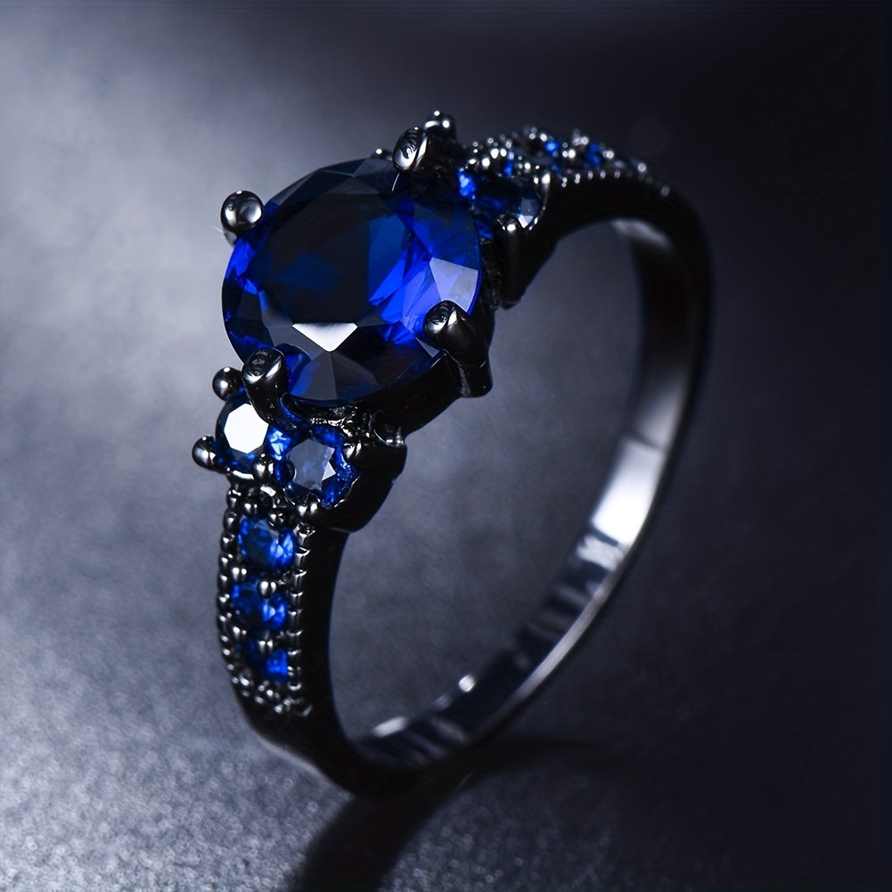 Dark style zircon inlaid promise ring, dark blue zircon symbolizes mystery and charm, suitable for women's engagement wedding jewelry, exquisite dinner party decoration