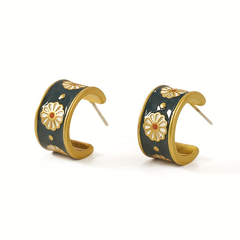 Exquisite 18K Gold Plated Flower Enamel Round Earrings Women's Wedding Engagement Party Gifts Vintage Bridal Accessories