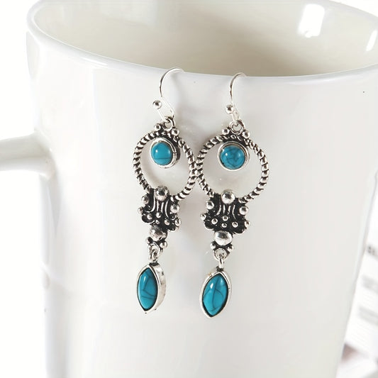 Hollow silver circle design with blue turquoise drop earrings retro bohemian travel souvenir