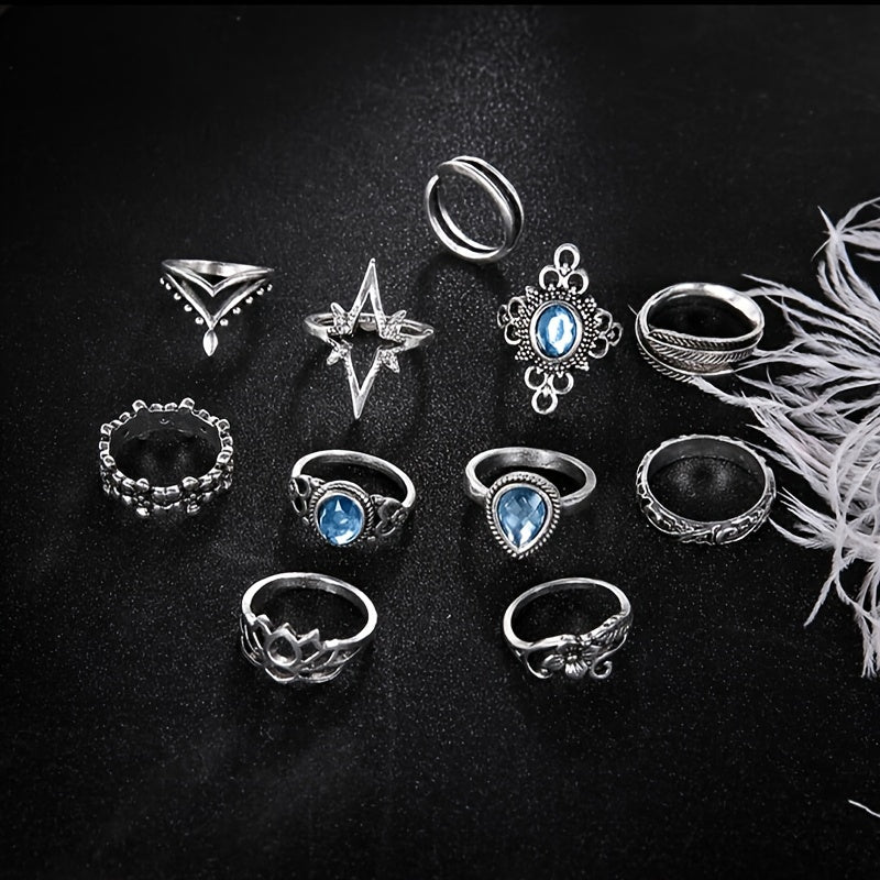 11-Piece Bohemian ring set, classic silver-plated alloy, with faux crystal parquet, vintage engraved flower design, inlaid with rhinestones