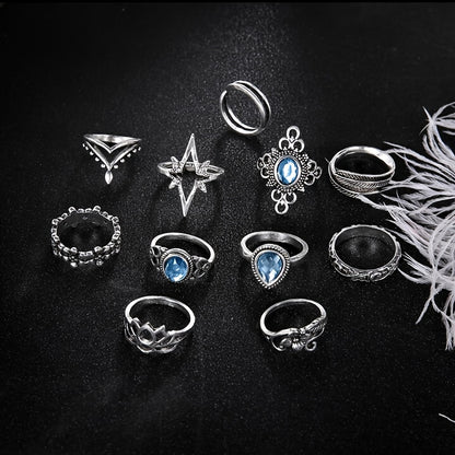 11-Piece Bohemian ring set, classic silver-plated alloy, with faux crystal parquet, vintage engraved flower design, inlaid with rhinestones