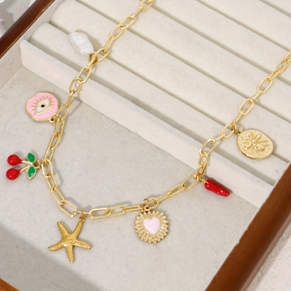 Ladies Charm Pendant Necklace - Vintage Elegant Style, Copper Chain with Star Fish, Cherry, Evil Eye, Medal Pendant, Suitable for Daily Wear and Parties
