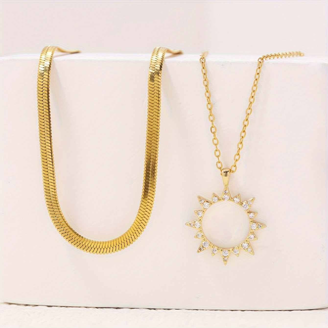 Elegant style zircon sun pendant necklace, stainless steel flat snake chain, double necklace, women's holiday daily jewelry gift