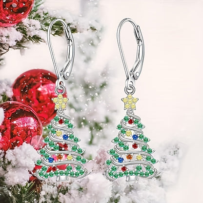 Festive, elegant Christmas tree pendant earrings set with shiny cubic zirconia - nickel-free copper for everyday wear and parties