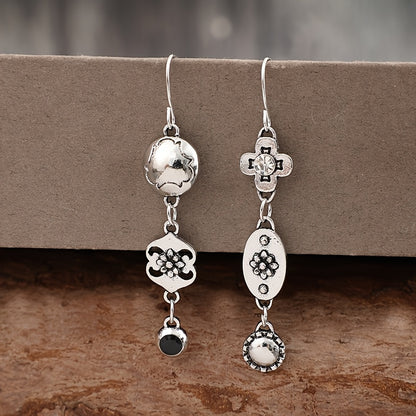 A pair of new retro punk style asymmetrical pattern flower geometric pendant alloy earrings