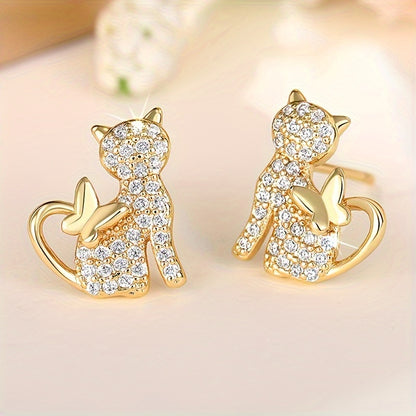 Women's Fashion Cat Earrings - Shiny Cubic Zirconia, Nickel Copper Free, Suitable for Daily Wear and Parties