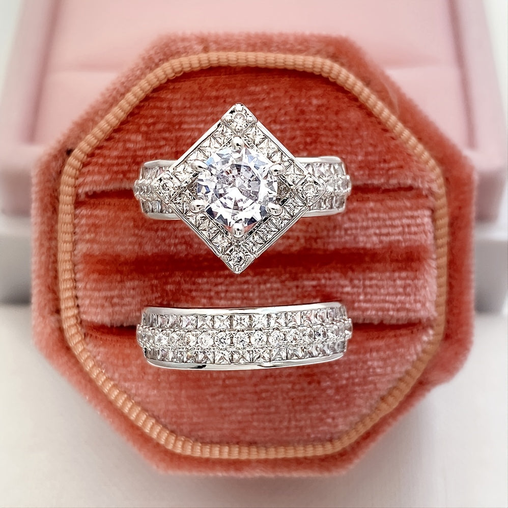 Stylish Silver 4A Zirconia Square Engagement Wedding Ring 2-piece Set