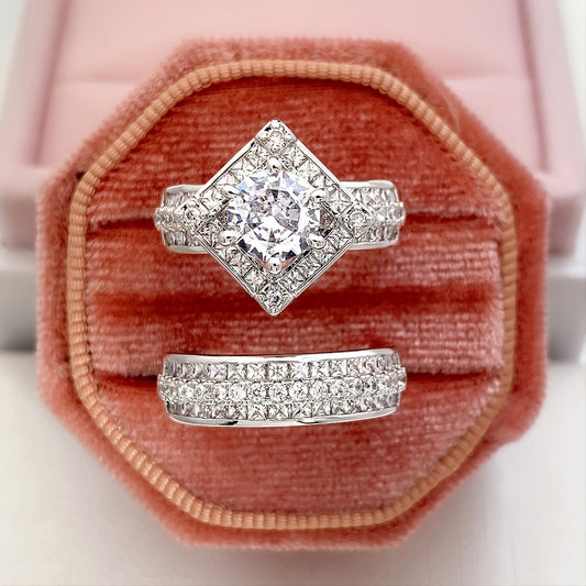 Stylish Silver 4A Zirconia Square Engagement Wedding Ring 2-piece Set
