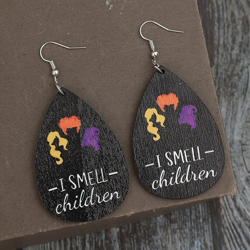 Vintage Wooden Halloween Drop Earrings - Classic Tear Drop Design for Ladies, Perfect for Daily Wear and Holiday Celebrations
