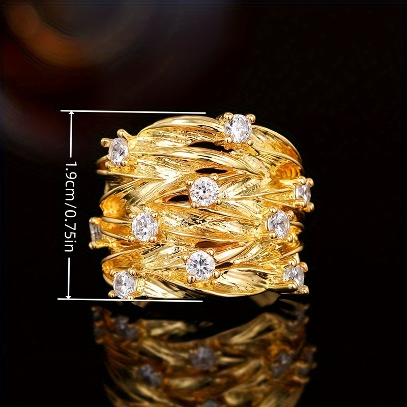 Elegant 18K gold-plated multi-layered interwoven ring with sparkling zirconia - Ladies Luxury Broadband Design, Perfect for Engagement, Wedding and Party Declaration Jewelry, Wedding Bands | Elegant Ladies Rings | Copper Bottom Rings