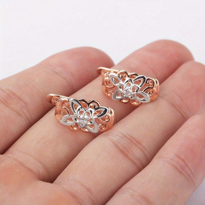 Retro Elegant Flower Shape Zirconia Earrings 18K Gold Plated Ear Jewelry For Women Ladies Banquet Party Anniversary Gift