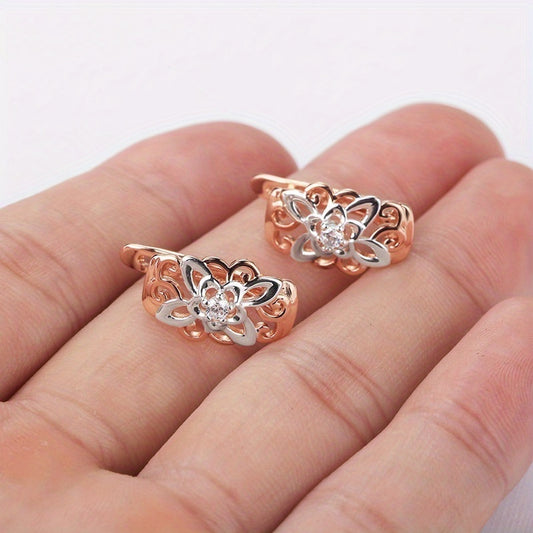 Retro Elegant Flower Shape Zirconia Earrings 18K Gold Plated Ear Jewelry For Women Ladies Banquet Party Anniversary Gift