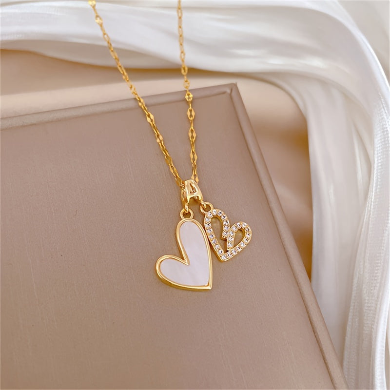 Stylish Double Heart Pendant Necklace, Imitation Shell & Cubic Zirconia - 18K Gold Plated, Stainless Steel - Perfect for Anniversaries, Birthdays, Christmas Gifts