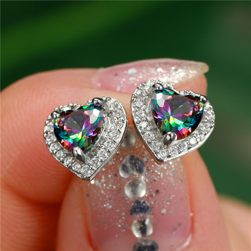 Heart stud earrings set with colorful shiny zircon romantic wedding stud earrings engagement party jewelry