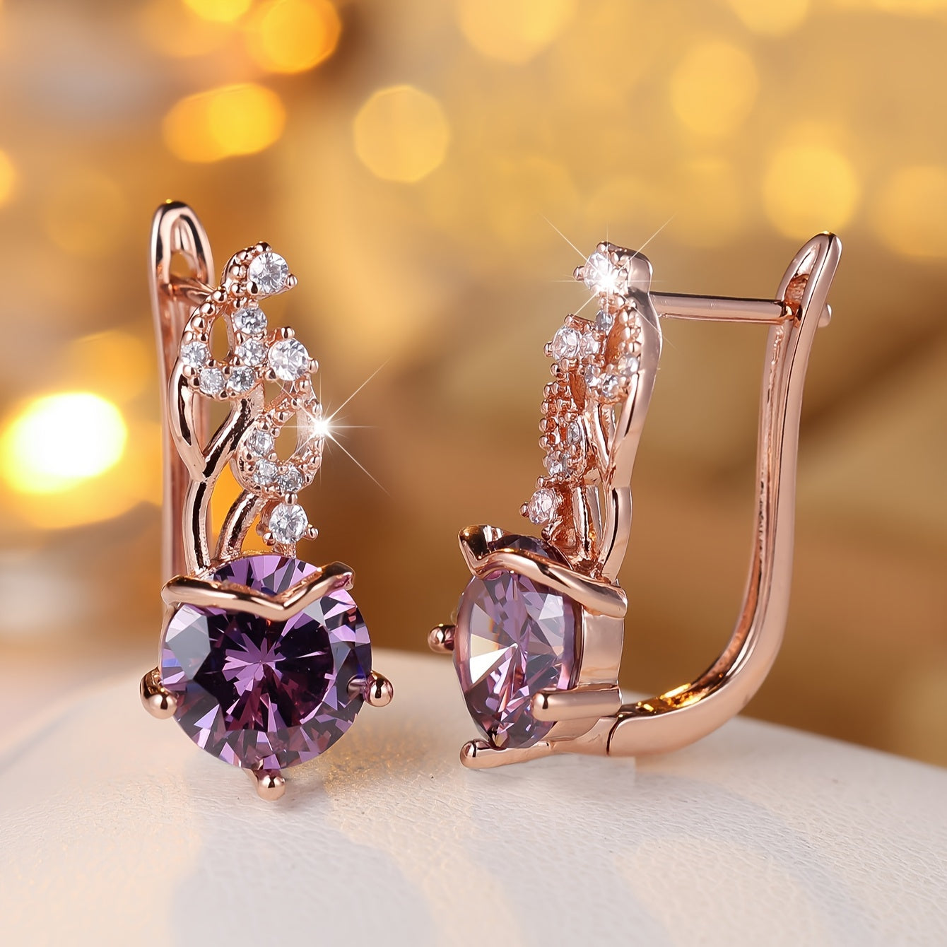 Elegant Bohemian Copper Earrings with Purple Synthetic Zircon for Weddings, Engagements, Valentine's Day - Unplated, Bohemian Party Jewelry