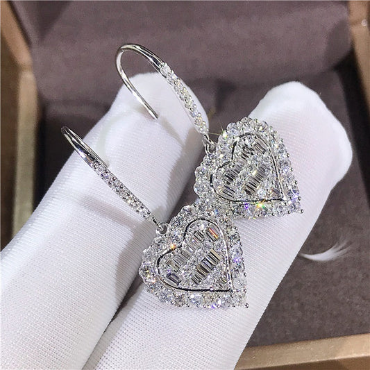 Heart-shaped hook earrings with sparkling zircon, elegant copper, exquisite jewelry gifts.