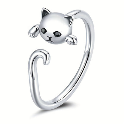 Ladies' Casual Party Jewelry, Cute Cat Shaped Black Jewel Eye 925 Silver Plated Open Ring