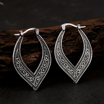 Bohemian Retro Square Engraved Earrings - Silver Galvanized Alloy, Ladies Fashion Hook Design