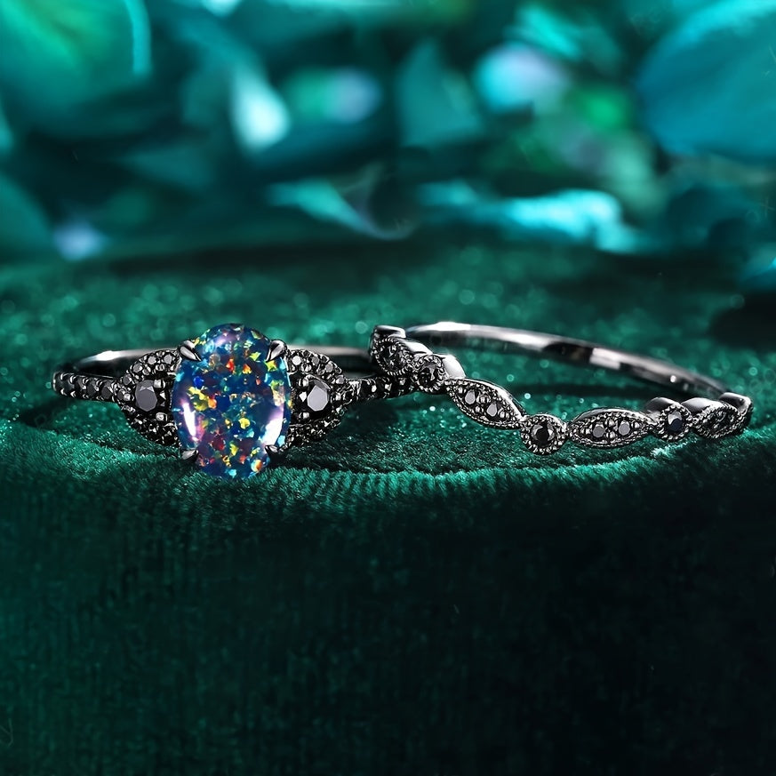 Two-piece Gothic Egg Synthetic Australian Dark Collection Halloween Promise Ring Set