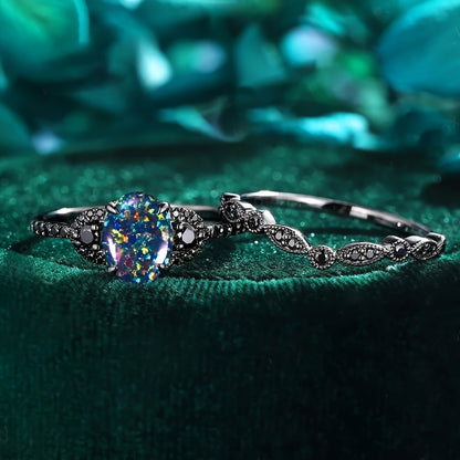 Two-piece Gothic Egg Synthetic Australian Dark Collection Halloween Promise Ring Set