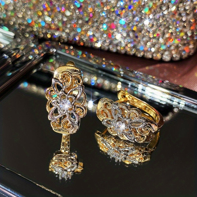 Retro Elegant Flower Shape Zirconia Earrings 18K Gold Plated Ear Jewelry For Women Ladies Banquet Party Anniversary Gift