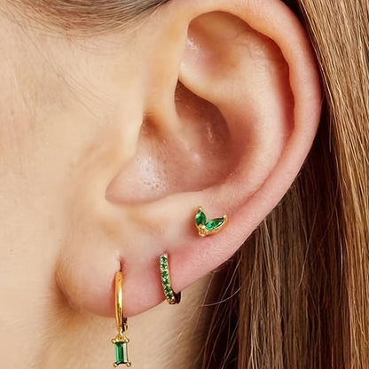 6 pieces retro elegant green synthetic diamond stud earrings set, geometric pendant stud earrings, copper material, daily and music festival wear, Valentine's Day gift, suitable for all seasons