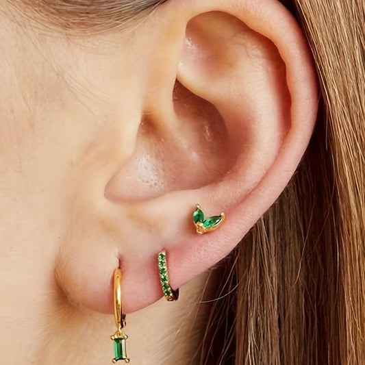 6 pieces retro elegant green synthetic diamond stud earrings set, geometric pendant stud earrings, copper material, daily and music festival wear, Valentine's Day gift, suitable for all seasons