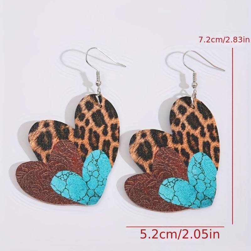 Women's leopard print plaid love imitation leather pendant earrings