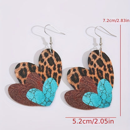 Women's leopard print plaid love imitation leather pendant earrings