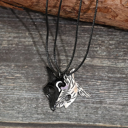 2 pieces/set asymmetrical fox wolf pendant personalized retro hollow couple style necklace women and men