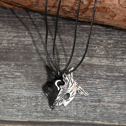 2 pieces/set asymmetrical fox wolf pendant personalized retro hollow couple style necklace women and men
