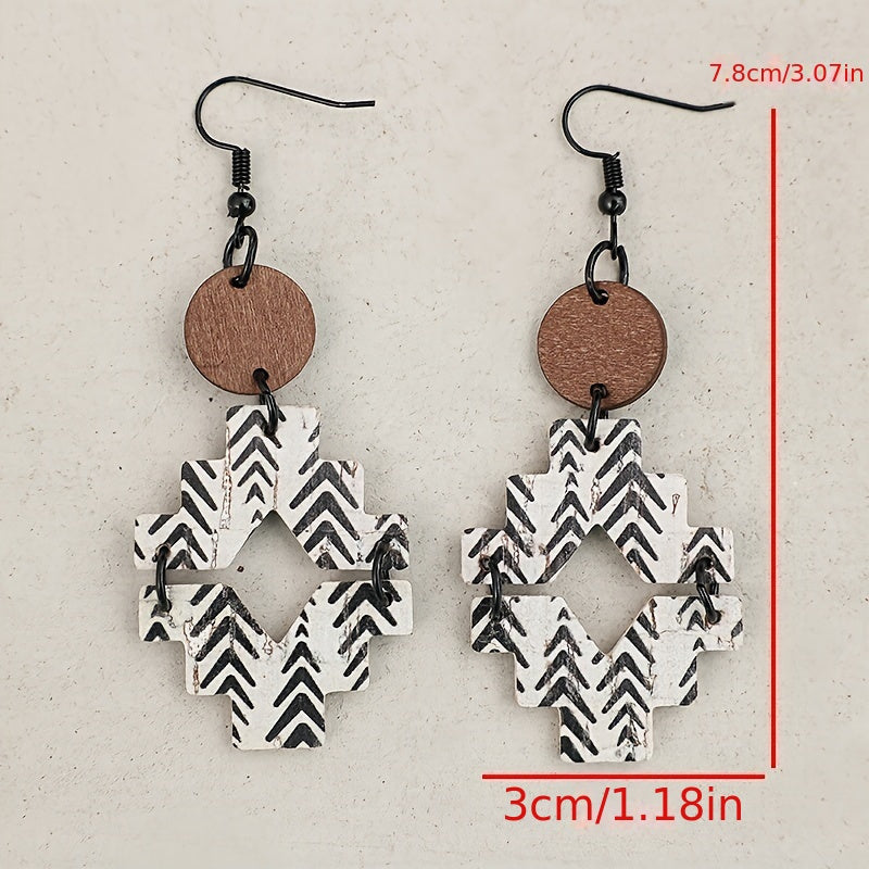 Vintage geometric pattern wooden pendant earrings with iron ear hooks, vintage distressed southwest style pendant earrings for Casual Attire - compatible with all seasons