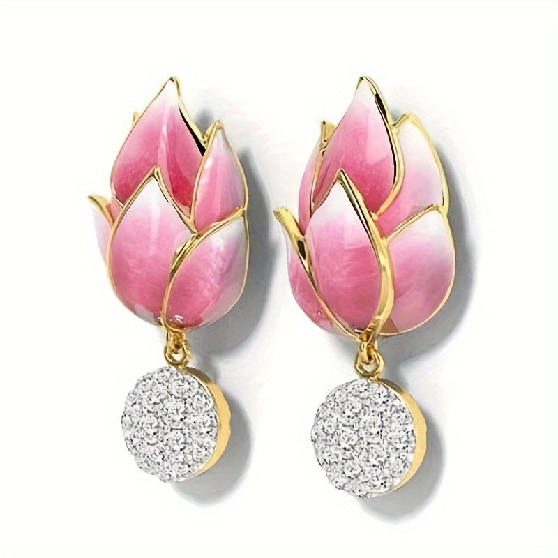 Ladies Elegant Flower Stud Earrings - Synthetic Zirconia Pendant, Nickel Copper, Enamel Pink Lotus Design, April Birthstone, Valentine's Day Gift, Perfect for Everyday and Party Occasions - A Pair