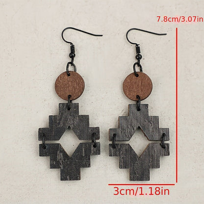 Vintage geometric pattern wooden pendant earrings with iron ear hooks, vintage distressed southwest style pendant earrings for Casual Attire - compatible with all seasons