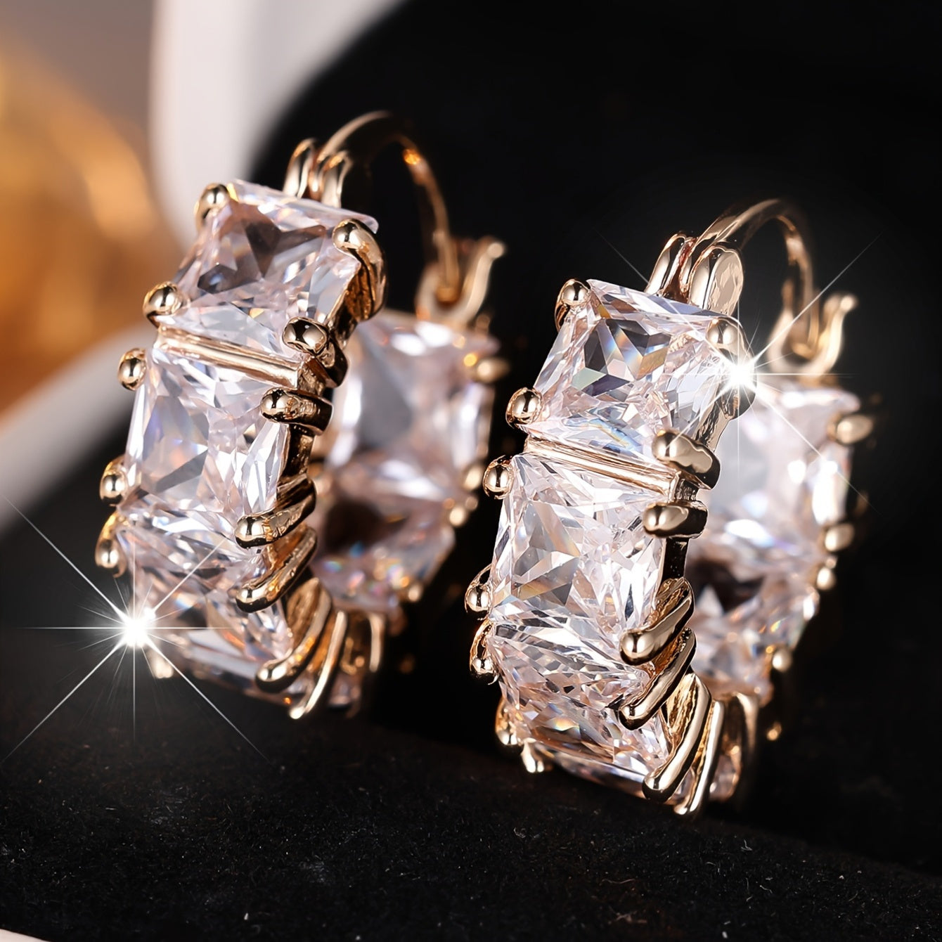Elegant retro style full square cut synthetic cubic zirconia earrings, copper material, classic multi-purpose drop earrings, suitable for women's daily wear and vacation, ready to give gifts